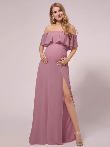 Vista 4 de Ever-Pretty Vestido de fiesta de embarazo con hombros descubiertos y abertura lateral de gasa larga con volantes para mujer, vestidos de fotografía