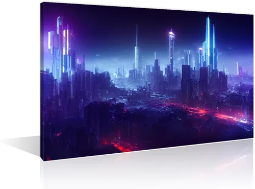 Vista 24 de 1 panel de cuadros de la ciudad de Cyberpunk, arte de pared, representación de vallas publicitarias, edificios modernos en la capital con obras