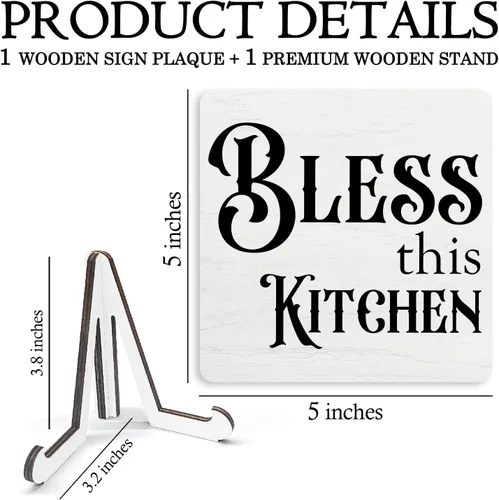 Vista 6 de Letrero de cocina de granja de madera de 5 x 5 pulgadas, decoración de soporte de mesa de escritorio de madera con texto en inglés "Bless This Cook
