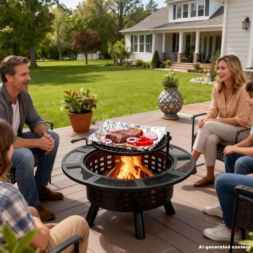 Vista 2 de Verdeluxe Hoguera al Aire Libre de 91 cm con Parrilla, Hogueras de Leña para Exteriores con Tapa y Atizador, Mesa de Hoguera 3 en 1 de Metal