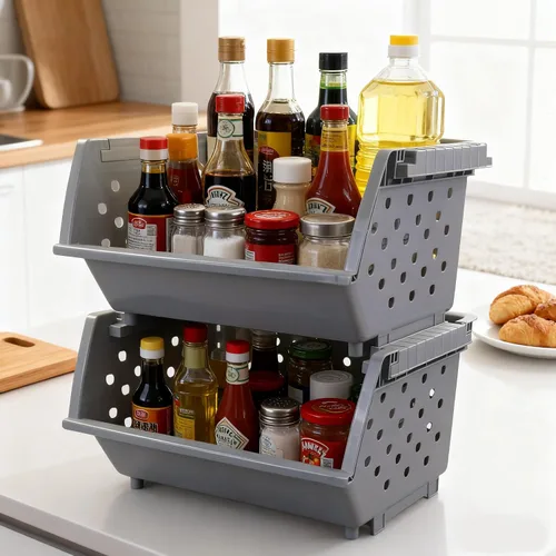 Vista 6 de Paquete de 3 cestas organizadoras apilables de plástico, cestas de almacenamiento apilables para cocina