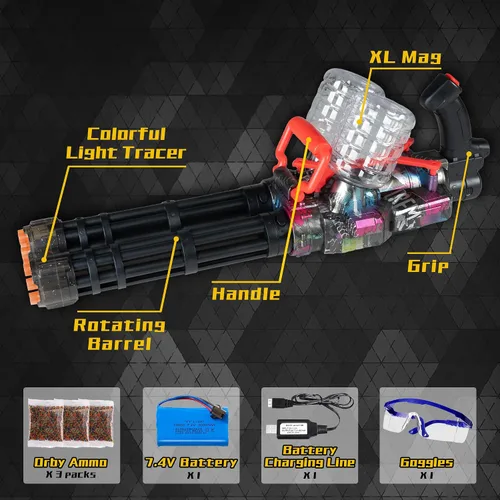Vista 2 de Gatling - Juguete de gel Splat Blaster Gatling - Barriles giratorios duales - Luz LED colorida - Totalmente automático - Batería recargable de 7.4 V