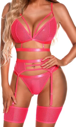 Vista 3 de SINMLIN Conjunto de lencería para mujer, 4 piezas, conjunto de lencería de malla con brasier y bragas
