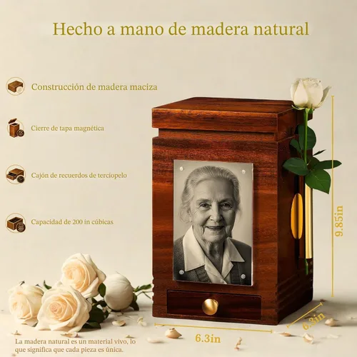 Vista 3 de Solid Wooden Urn for Adult Ashes 200 Cu in Cremation Urn with Magnetic Lid, Keepsake Drawer, Optional Photo Frame & Flower Holder Attachments