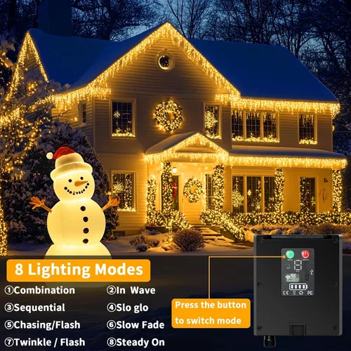 Vista 7 de Luces de carámbano solares para exteriores, 25+5M 800 luces de carámbano de Navidad, 8 modos, luces de cadena decorativas impermeables