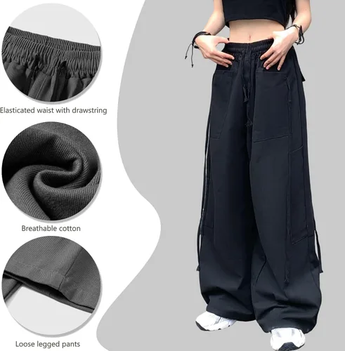 Vista 2 de Hewlshawn Pantalones de mujer holgados góticos de pierna ancha estilo cargo casual Y2k Harajuku Streetwear sueltos punk