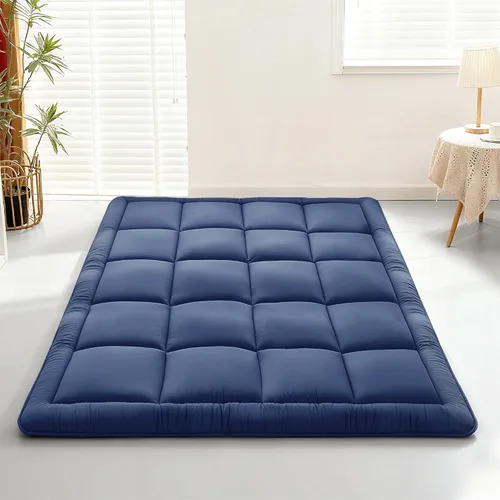 Vista 9 de Colchón de piso japonés Futón, colchón enrollable plegable de 5 capas gruesas, almohada de tatami de espuma cómoda (Azul profundo, individual)