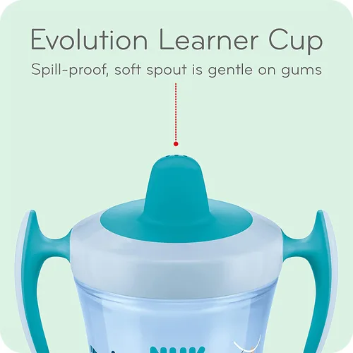 Vista 2 de NUK Evolution Soft Spout - Vaso para aprendizaje (mono azul, paquete de 2)