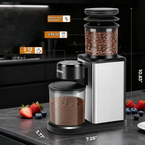 Vista 4 de Molinillo de café eléctrico para el hogar y cafeterías: molinillo de café automático de 25 ajustes con tolva expandible de 4.23 oz duradero