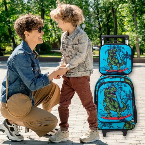 Vista 8 de AGSDON Mochila con ruedas enrollables para niños, mochila escolar con ruedas y bolsa de almuerzo, dinosaurio