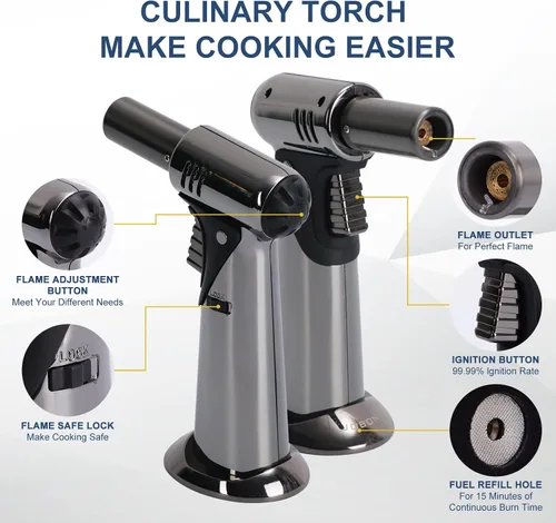 Vista 2 de Linterna de butano, soplete de cocina grande de doble llama premium con bloqueo de seguridad, ajustable, recargable, multiusos, soplete culinario