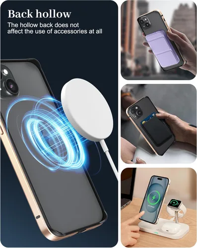 Vista 4 de Funda delgada de metal para iPhone 15, [interior de TPU suave + parachoques chapado en metal] [compatible con carga inalámbrica] a prueba de golpes
