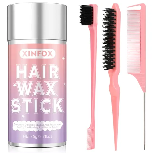 Vista 9 de Barra de cera para el cabello, cepillo liso para cabello, cera en barra para cabello suelto, set de herramientas de peinado con peine de cola de 4