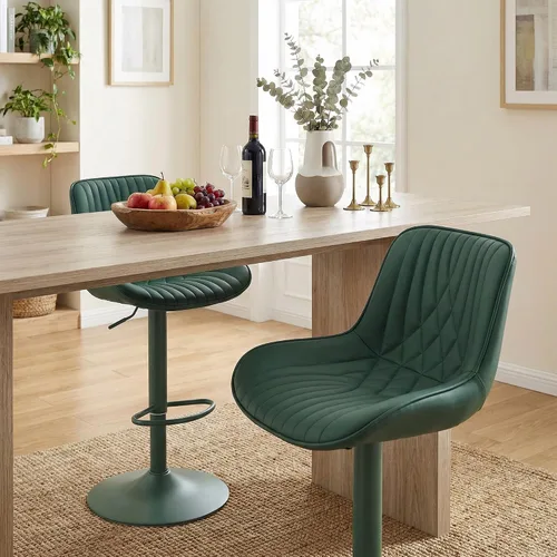 Vista 3 de YOUTASTE Juego de 2 taburetes de bar de piel sintética, todos los taburetes de bar tapizados de color verde oscuro con respaldo, silla giratoria