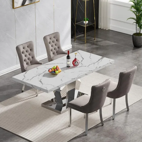 Vista 32 de Juego de mesa de comedor de mármol sintético, 7 piezas, juego de mesa de cocina y comedor para 6, mesa de comedor rectangular blanca de 70 pulgadas