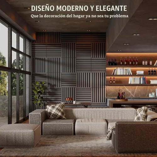 Vista 4 de Geelin 8 piezas paneles de pared de madera 3D autoadhesivos para despegar y pegar, paneles de listones de madera con textura acústica para Gris mate