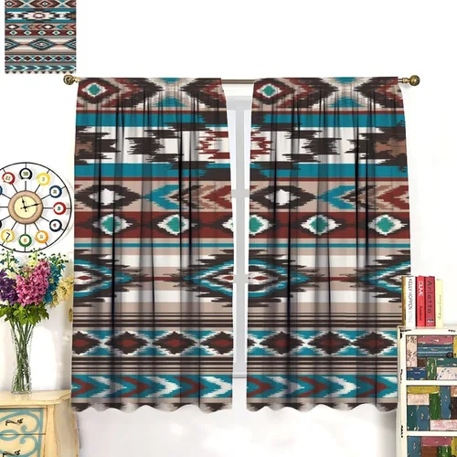 Vista 18 de Cortinas con patrón geométrico tribal, estilo suroeste, azteca, rústico, occidental, nativo americano, opacas, con bolsillo para barra, decoración