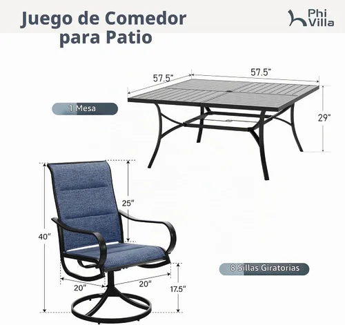 Vista 9 de PHI VILLA Juego de comedor al aire libre para 8, mesa de metal y sillas Azul