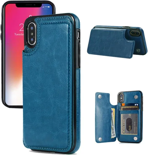 Vista 9 de Funda tipo cartera compatible con iPhone X/XS, funda protectora delgada con tarjetero y ranuras para tarjetas de piel sintética de alta calidad