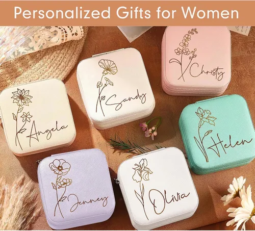 Vista 2 de DayOfShe Joyero de viaje personalizado con nombre y flor de nacimiento, regalos personalizados de dama de honor para mujeres, estuche de joyería
