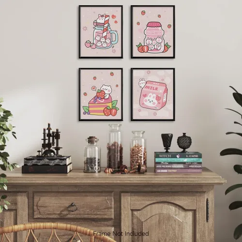 Vista 6 de Decoración de pared de anime japonés Kawaii para comedor, bonita decoración de cocina rosa, carteles estéticos de conejo y fresa, impresiones