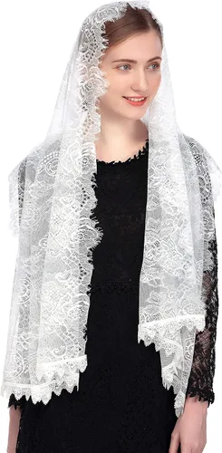 Vista 3 de PAMOR Chapel Veil - Velo de encaje español diseño floral velos de masa cubierta de cabeza rectangular