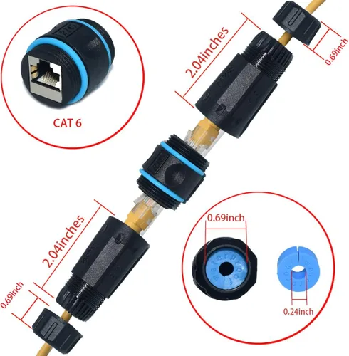 Vista 3 de Conector impermeable RJ45, conector de cable hembra a hembra, con acoplador de cable de blindaje CAT6-YMP23-Azul-2PCS