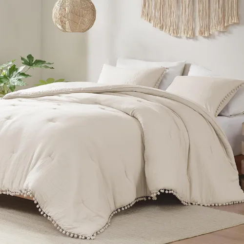 Vista 2 de Codi Juego de edredón beige tamaño King, ropa de cama bohemia chic con elegantes flecos de pompones, juego de lujo de 3 piezas de microfibra lavada