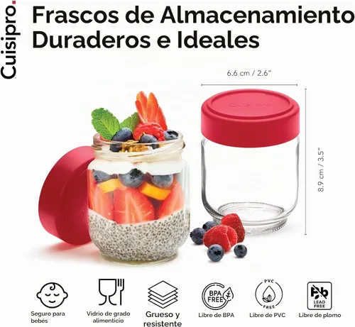 Vista 5 de Cuisipro Tarros con tapas, tarros de vidrio de 6 onzas con tapa hermética boca ancha, paquete de 4, tarros de conservas para líquidos, recipiente