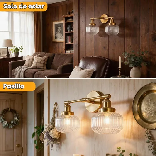 Vista 3 de foucasal Lámpara de tocador de 2 luces, aplique de pared industrial con pantalla de globo rayado transparente, luz de baño para dormitorio, sala