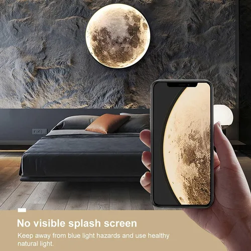 Vista 4 de Aplique de pared de luna negro, moderno LED regulable con control remoto, lámpara de pared para interiores, iluminación de techo para sala de estar