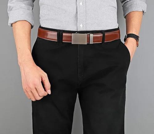 Vista 6 de Cinturón de trinquete para hombre, cinturón casual de cuero con hebilla ajustable para adaptarse a 13.8 in de ancho