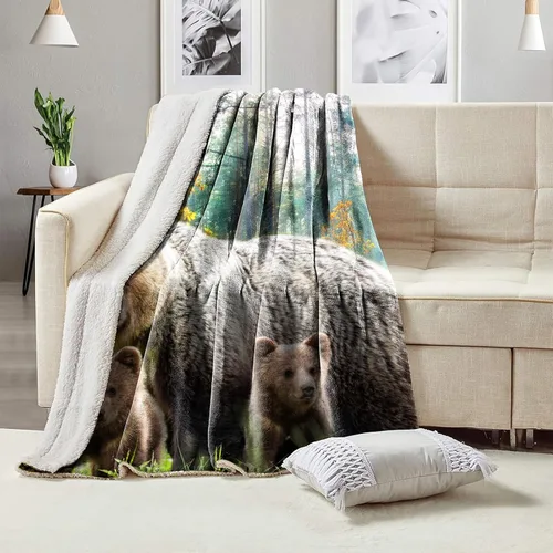 Vista 2 de Manta de Forro Polar de 80"x60", Suave, Acogedora, Cálida, Difusa, Manta de Franela de Felpa, Familia de Osos Pardos en el Bosque, Manta para Sofá