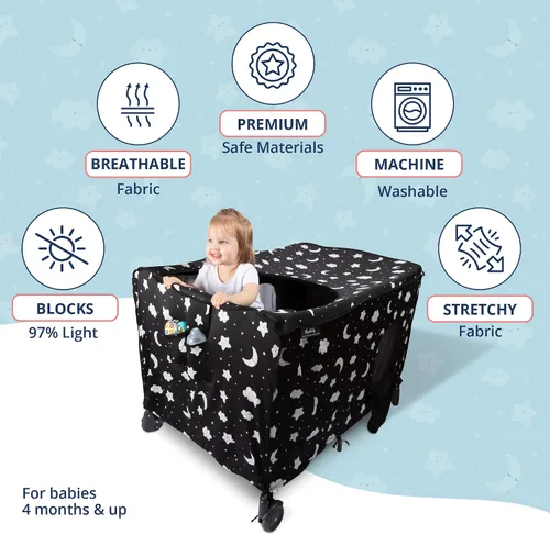 Vista 3 de Bebey Pack n Play - Funda opaca que bloquea el 97% de la luz, tela transpirable y elástica con 1 bolsillo lateral, 3 ventanas de acceso rápido