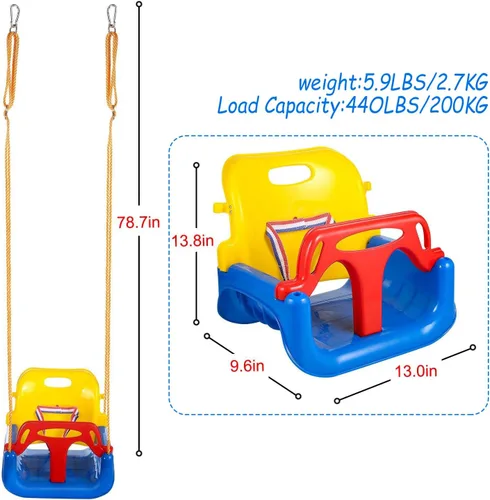Vista 7 de IFOYO Asiento de columpio convertible 3 en 1 para niños con respaldo alto desmontable, columpio seguro para interiores y exteriores para niños