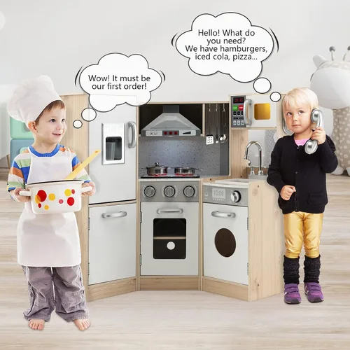 Vista 3 de Costzon Juego de cocina para niños, cocina de juego de simulación de madera 9 en 1 con luz y sonido realistas, máquina de hielo, lavadora