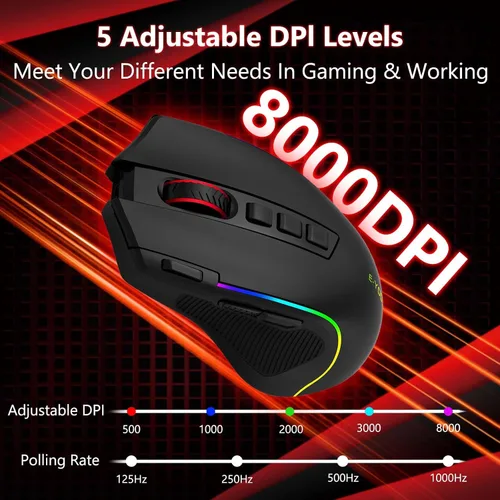 Vista 6 de E-YOOSO - Ratón inalámbrico Premium Bluetooth versátil, 8000 DPI, 6 retroiluminado RGB, USB C recargable, ergonómico, 2.4G/BT/con cable, tecla