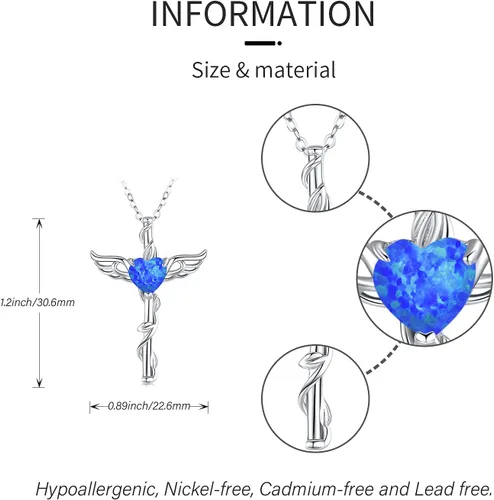 Vista 4 de Angel Necklace 925 Sterling Silver OpalMoonstoneBlue Crystal Angel Wings Cross Urn Pendant Necklace Hypoallergenic Moonstone Angel Cross Pendant
