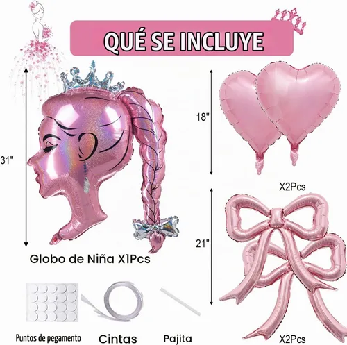 Vista 2 de Juego de globos de aluminio rosa princesa, 5 globos de lazo rosa, lámina de muñeca de corona y globos de corazón para maquillaje, cumpleaños