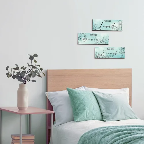 Vista 7 de Yookeer 3 Piezas de Arte de Pared Colgante de Madera Floral con Citas Inspiradoras "Eres Hermosa" Imagen para Habitación Decoración Gracias