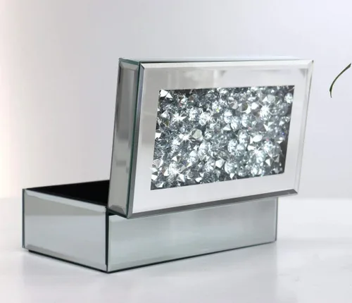 Vista 7 de QMDECOR Caja de joyería de lujo con espejo de cristal de diamante triturado de plata para mujeres