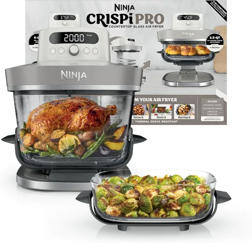 Vista 14 de Ninja Crispi Pro - Freidora de aire de vidrio 6 en 1 Recipientes y tapas de 450 °F, no tóxico, de 6 cuartos y 2.5 cuartos de galón Microondas