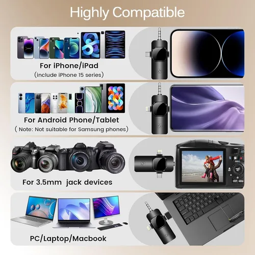 Vista 7 de Micrófono inalámbrico profesional de solapa Lavalier para iPhone, iPad, micrófono mini de grabación de video para entrevistas, podcast, Vlog