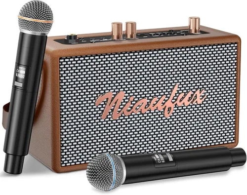 Vista 10 de Máquina de karaoke, altavoz de diseño retro con 2 micrófonos inalámbricos para adultos y niños, sistema de karaoke portátil para fiesta en casa
