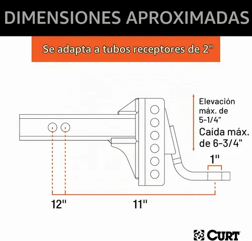 Vista 2 de CURT 45901 Soporte de bola de enganche de remolque ajustable, se adapta a receptor de 2 pulgadas, caída de 6-3/4 pulgadas, elevación de 5-1/4