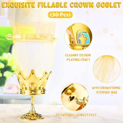 Vista 2 de 30 piezas de copa de corona rellenable de oro con bolsa para caja de dulces, regalos de boda, fiesta, contenedor decorativo de almacenamiento