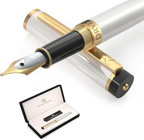 Vista 7 de Dryden Designs Pluma estilográfica. Caja premium de punta mediana 6 cartuchos de tinta incluidos (blanco perla)