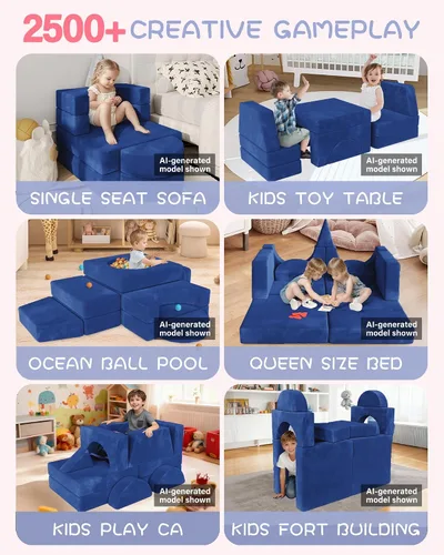 Vista 7 de 15 piezas Sofá de juego modular para niños, Sofá para niños pequeños y niños, sofás para niños pequeños, Kit de construcción de fortalezas con sofás