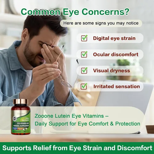 Vista 2 de zooone - Suplemento nutricional de 60 vitaminas para ojos de luteína para salud macular y soporte para ojos secos, contiene luteína, zinc, vitaminas
