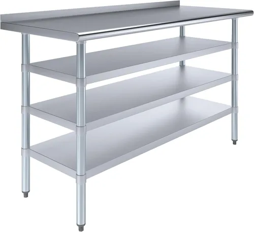 Vista 10 de Mesa de trabajo de acero inoxidable con protector contra salpicaduras de 1.5 pulgadas y 3 estantes, mesa de metal para preparación de alimentos